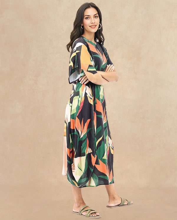 Rareism Women Gesto Multi 3/4Th Sleeve V-Neck Balloon Fit Abstract Print Midi Dress