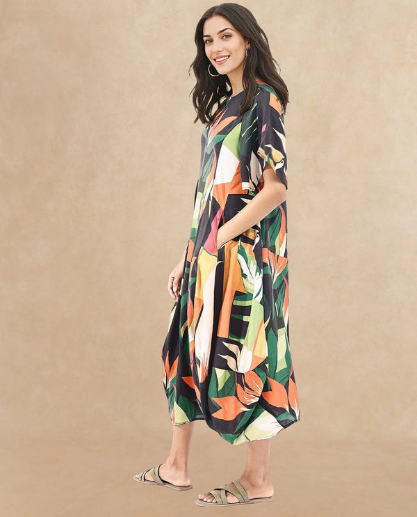 Rareism Women Gesto Multi 3/4Th Sleeve V-Neck Balloon Fit Abstract Print Midi Dress