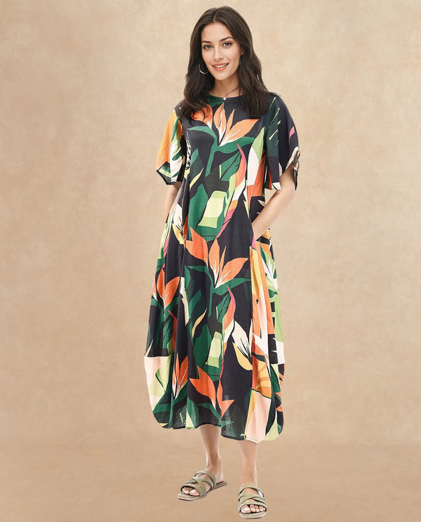 Rareism Women Gesto Multi 3/4Th Sleeve V-Neck Balloon Fit Abstract Print Midi Dress