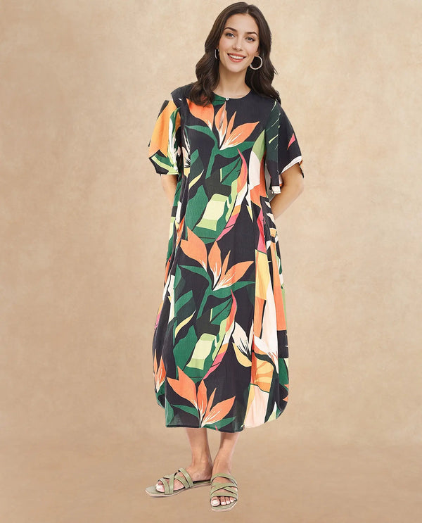 Rareism Women Gesto Multi 3/4Th Sleeve V-Neck Balloon Fit Abstract Print Midi Dress