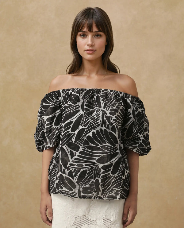 Rareism Women Getan Black Cotton Fabric Balloon Sleeves Boat Neck Tie Up Closure Abstract Print Relaxed Fit Top