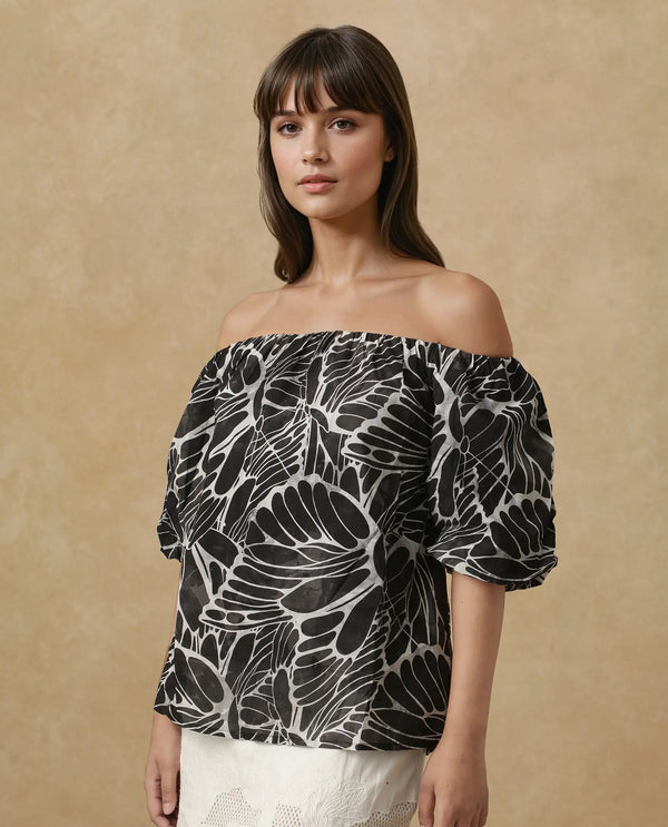 Rareism Women Getan Black Cotton Fabric Balloon Sleeves Boat Neck Tie Up Closure Abstract Print Relaxed Fit Top