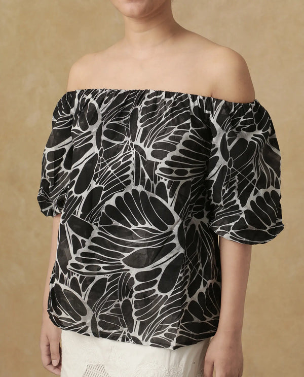 Rareism Women Getan Black Cotton Fabric Balloon Sleeves Boat Neck Tie Up Closure Abstract Print Relaxed Fit Top