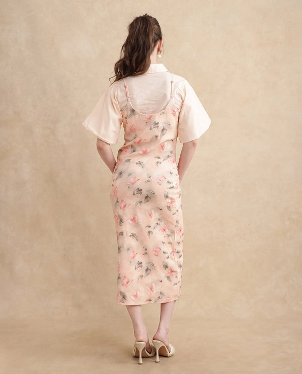 Rareism Women Gha Beige Cuffed Sleeve Collared Neck Straight Fit Midi Object Print Dress
