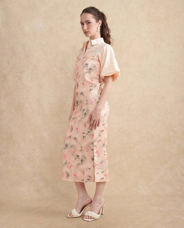 Rareism Women Gha Beige Cuffed Sleeve Collared Neck Straight Fit Midi Object Print Dress