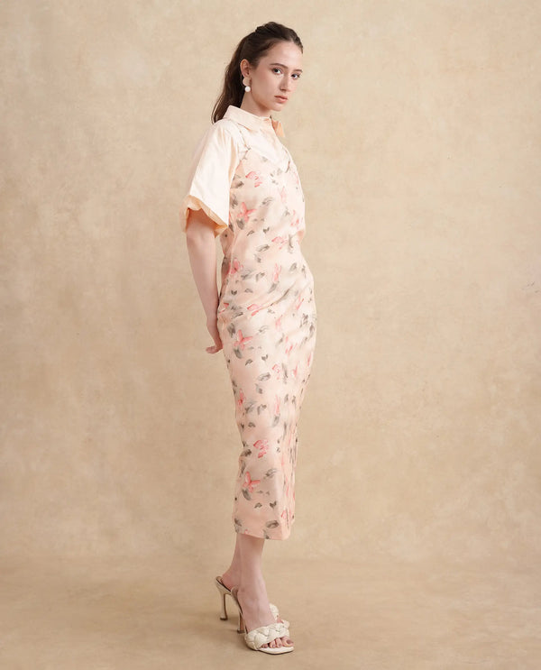 Rareism Women Gha Beige Cuffed Sleeve Collared Neck Straight Fit Midi Object Print Dress