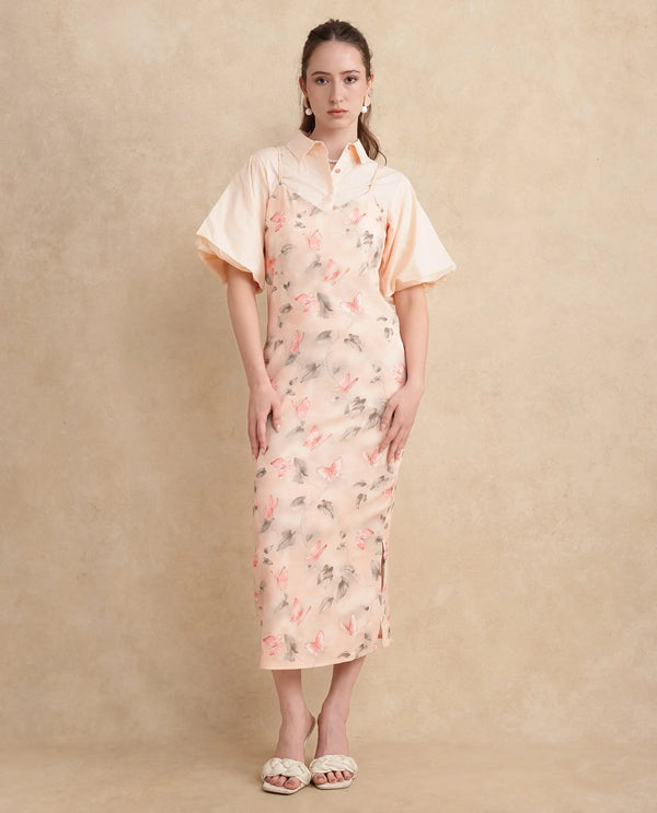Rareism Women Gha Beige Cuffed Sleeve Collared Neck Straight Fit Midi Object Print Dress