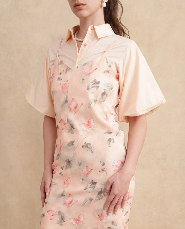 Rareism Women Gha Beige Cuffed Sleeve Collared Neck Straight Fit Midi Object Print Dress