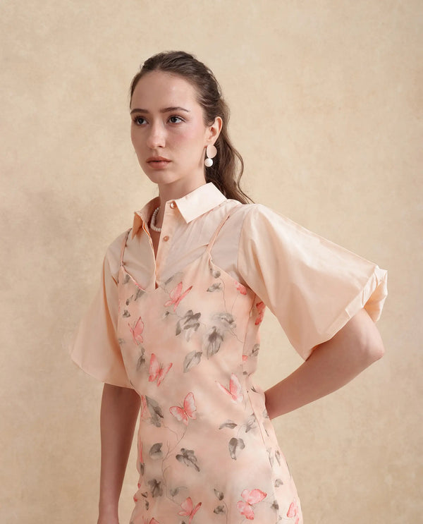 Rareism Women Gha Beige Cuffed Sleeve Collared Neck Straight Fit Midi Object Print Dress