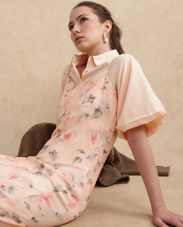 Rareism Women Gha Beige Cuffed Sleeve Collared Neck Straight Fit Midi Object Print Dress