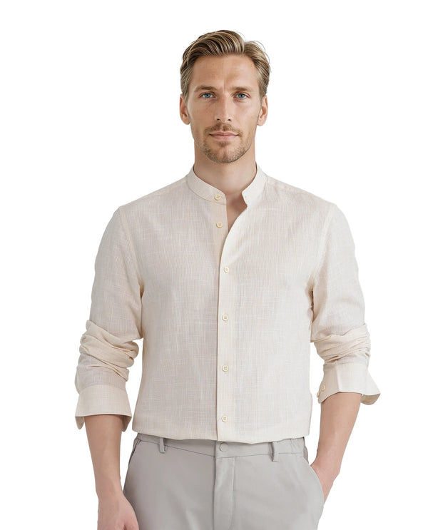 Rare Rabbit Men Gic Light Yellow Linen Full Sleeve Mandarin Collar Button Closure Plain Shirt
