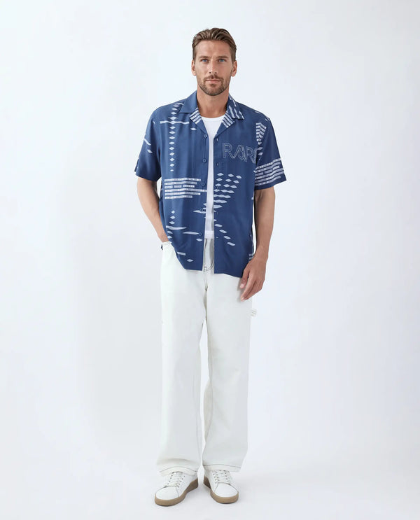 Rare Rabbit Men Gigano-Ss Dusky Blue Tencel Blend Fabric Half Sleeve Collared Neck Button Closure Digital Print Shirt