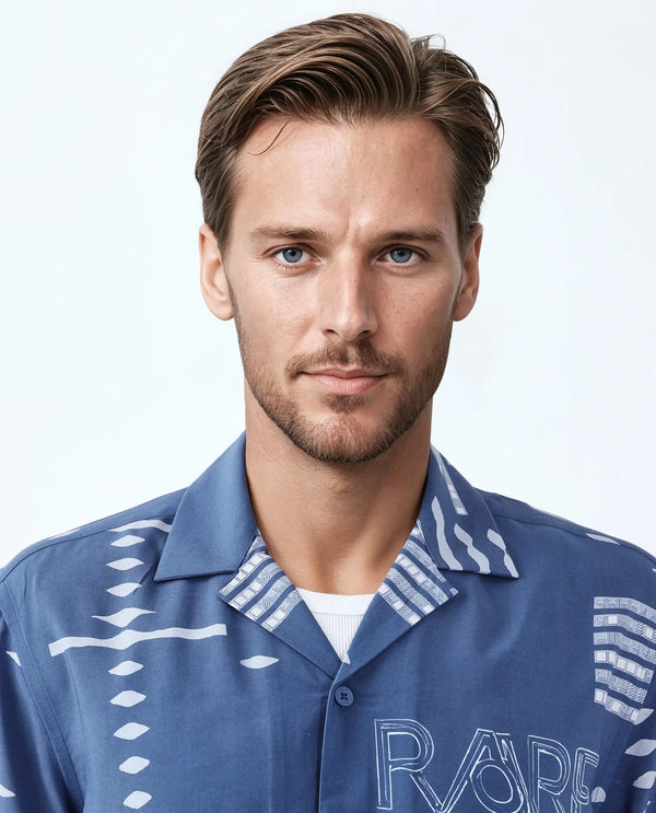 Rare Rabbit Men Gigano-Ss Dusky Blue Tencel Blend Fabric Half Sleeve Collared Neck Button Closure Digital Print Shirt