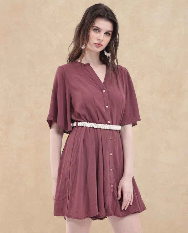 Rareism Women's Gildmore Maroon Rayon Fabric V-Neck Button Closure Flared Sleeve Plain Flared Mini Dress