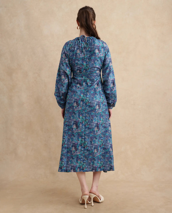 Rareism Women Gilf Blue Maxi Round Neck A-Line Maxi Object Print Dress