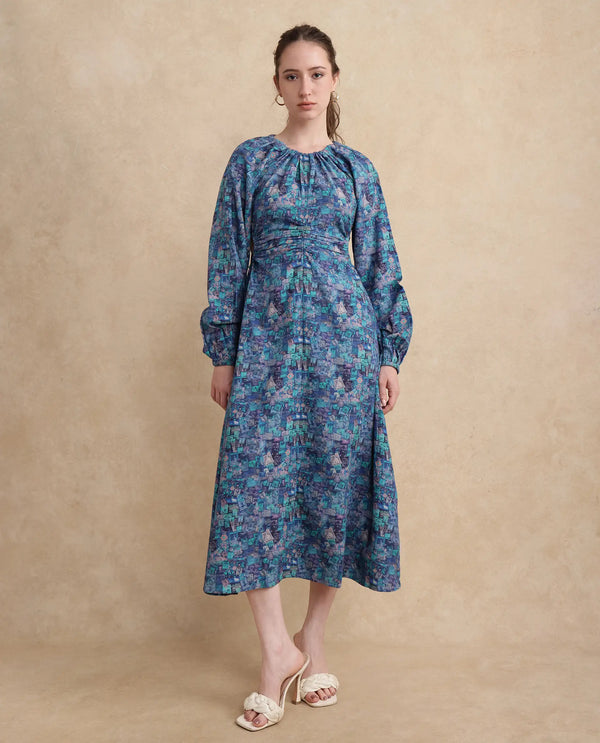 Rareism Women Gilf Blue Maxi Round Neck A-Line Maxi Object Print Dress
