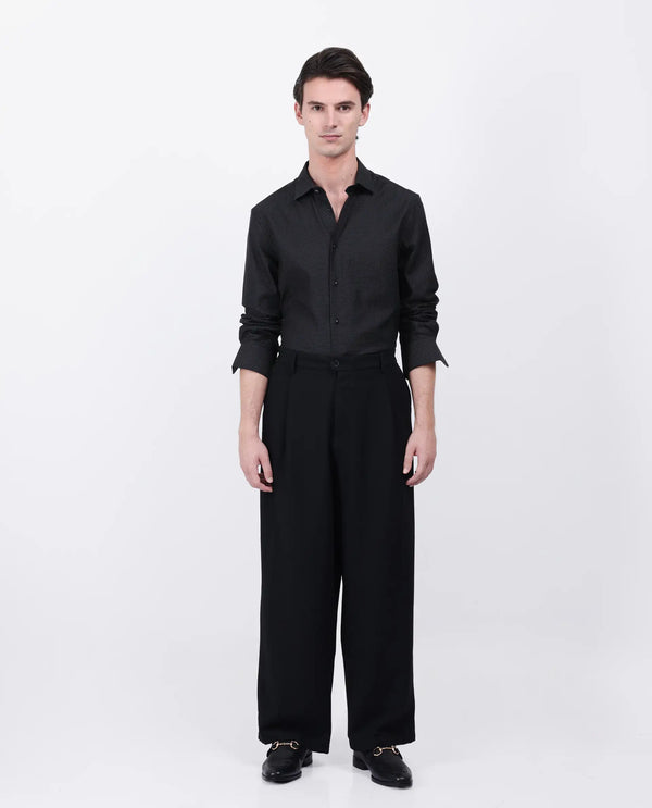 Rare Rabbit Men's Gilk Black Viscose Nylon Fabric Full Sleeve Spread Collar Button Closure Regular Fit Dobby Shirt