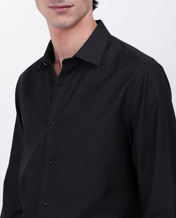 Rare Rabbit Men's Gilk Black Viscose Nylon Fabric Full Sleeve Spread Collar Button Closure Regular Fit Dobby Shirt