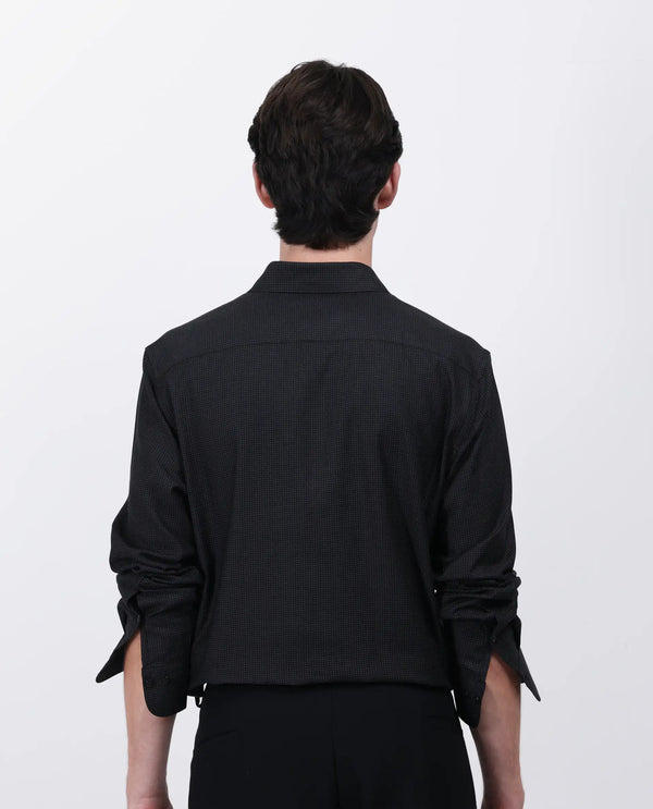 Rare Rabbit Men's Gilk Black Viscose Nylon Fabric Full Sleeve Spread Collar Button Closure Regular Fit Dobby Shirt