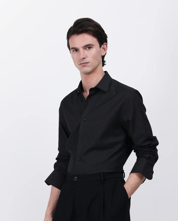 Rare Rabbit Men's Gilk Black Viscose Nylon Fabric Full Sleeve Spread Collar Button Closure Regular Fit Dobby Shirt