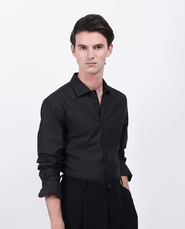 Rare Rabbit Men's Gilk Black Viscose Nylon Fabric Full Sleeve Spread Collar Button Closure Regular Fit Dobby Shirt