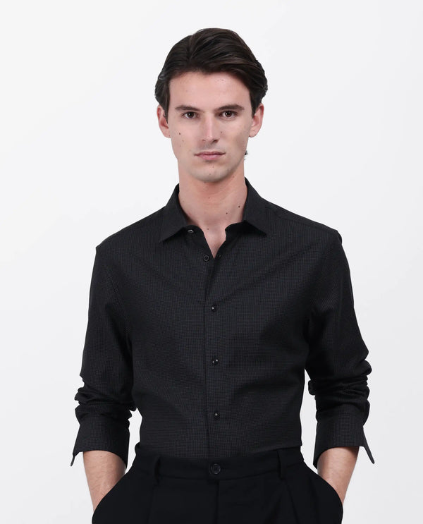 Rare Rabbit Men's Gilk Black Viscose Nylon Fabric Full Sleeve Spread Collar Button Closure Regular Fit Dobby Shirt