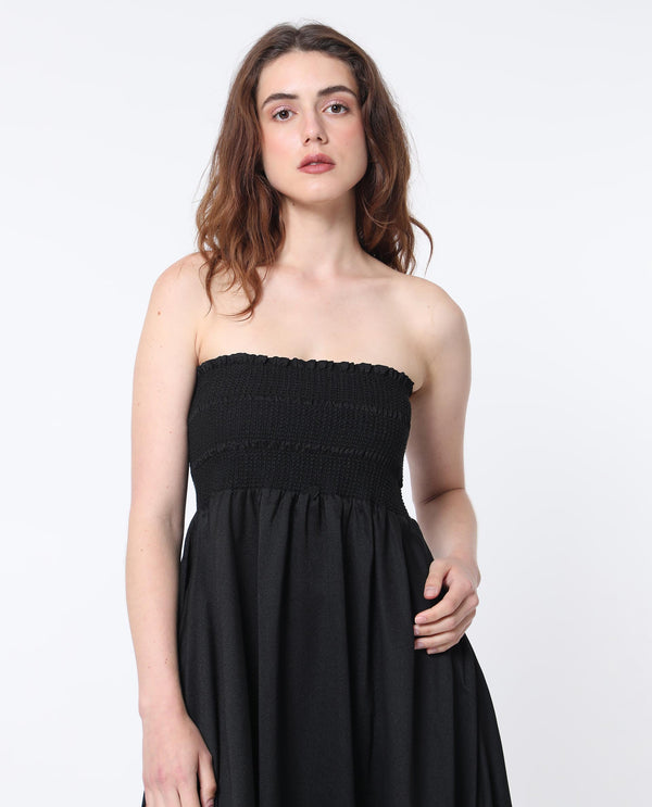 Rareism Women Gimpel Black Viscose Nylon Fabric Sleeveless Shoulder Straps Fit And Flare Plain Maxi Empire Dress