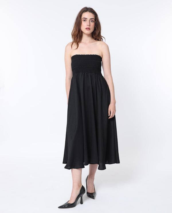 Rareism Women Gimpel Black Viscose Nylon Fabric Sleeveless Shoulder Straps Fit And Flare Plain Maxi Empire Dress