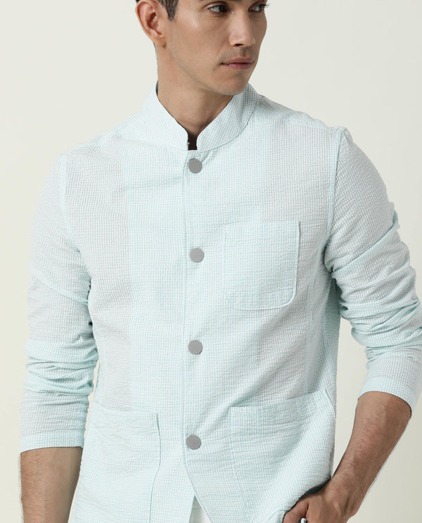 Rare Rabbit Men's Gin Blue Mandarin Collar Checkered Jacket