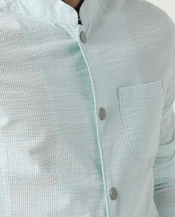 Rare Rabbit Men's Gin Blue Mandarin Collar Checkered Jacket