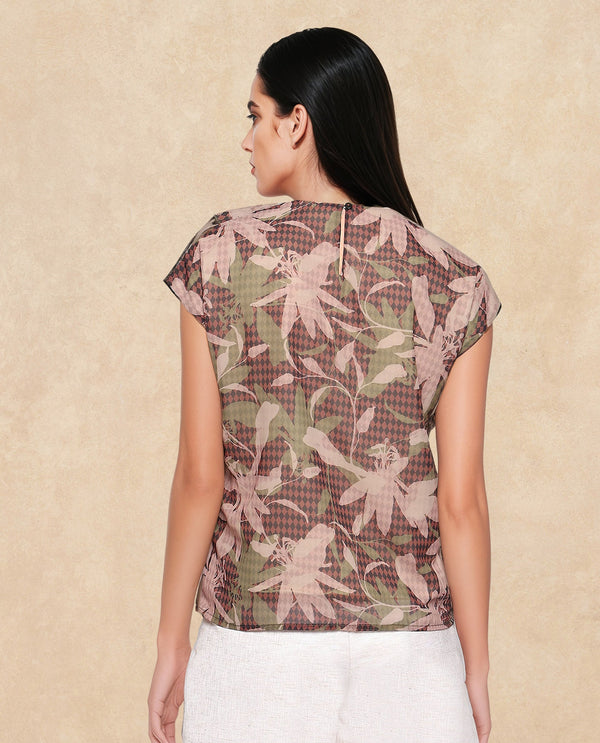 Rareism Women Ginga Multi Polyester Fabric Extended Sleeves Crew Neck Button Closure Leaf Print Top