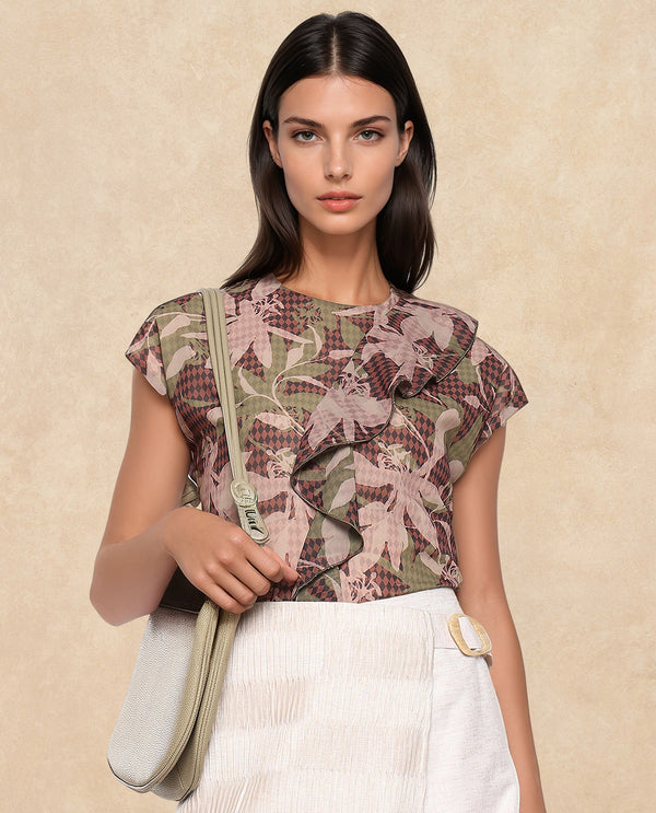 Rareism Women Ginga Multi Polyester Fabric Extended Sleeves Crew Neck Button Closure Leaf Print Top