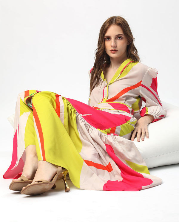 Rareism Women Gini Light Beige Polyester Fabric Full Sleeves Button Closure V-Neck Balloon Sleeve Regular Fit Abstract Print Maxi Tiered Dress