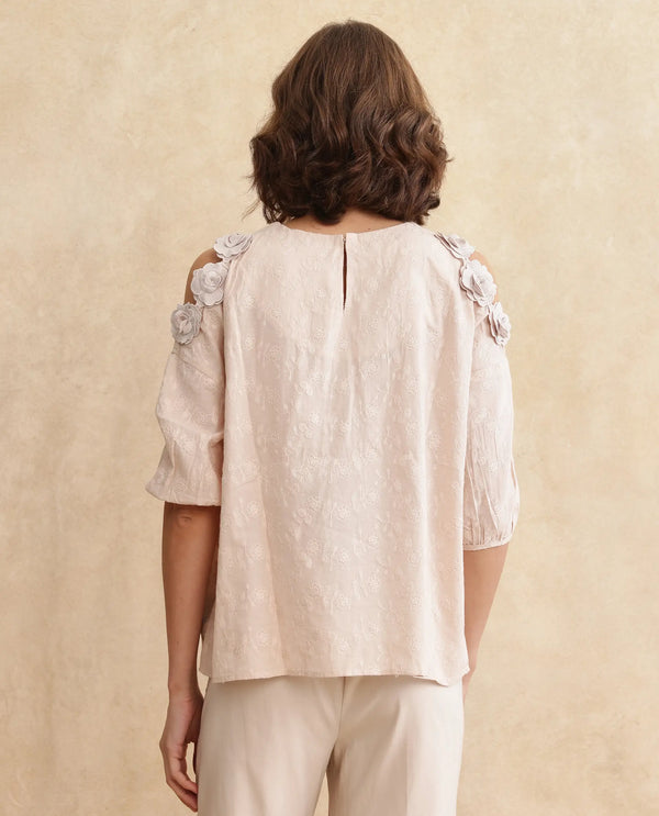 Rareism Women Gips Beige Balloon Sleeve Round Neck Hook Closure Relaxed Fit Plain Top