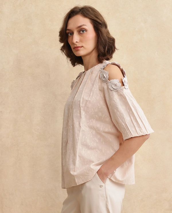 Rareism Women Gips Beige Balloon Sleeve Round Neck Hook Closure Relaxed Fit Plain Top