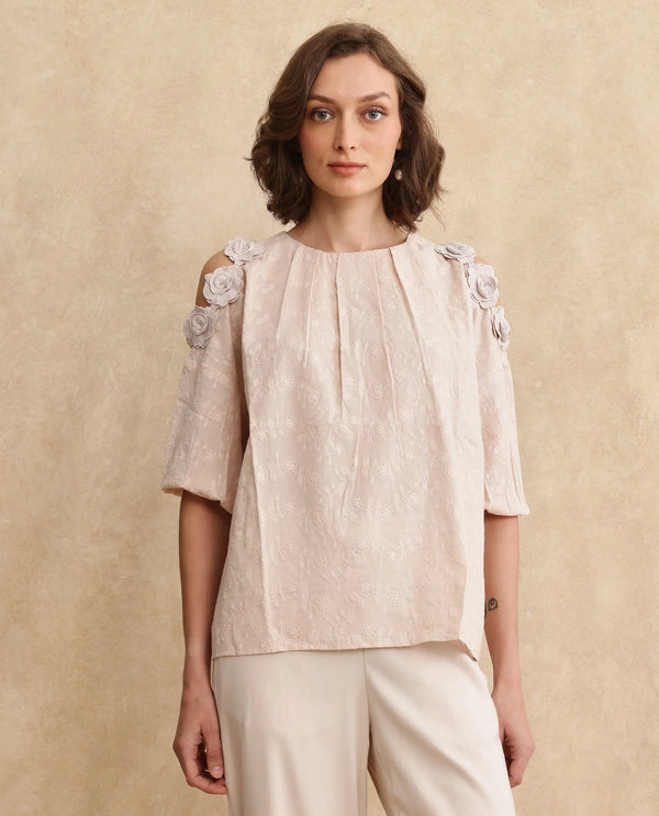 Rareism Women Gips Beige Balloon Sleeve Round Neck Hook Closure Relaxed Fit Plain Top