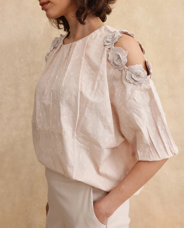 Rareism Women Gips Beige Balloon Sleeve Round Neck Hook Closure Relaxed Fit Plain Top