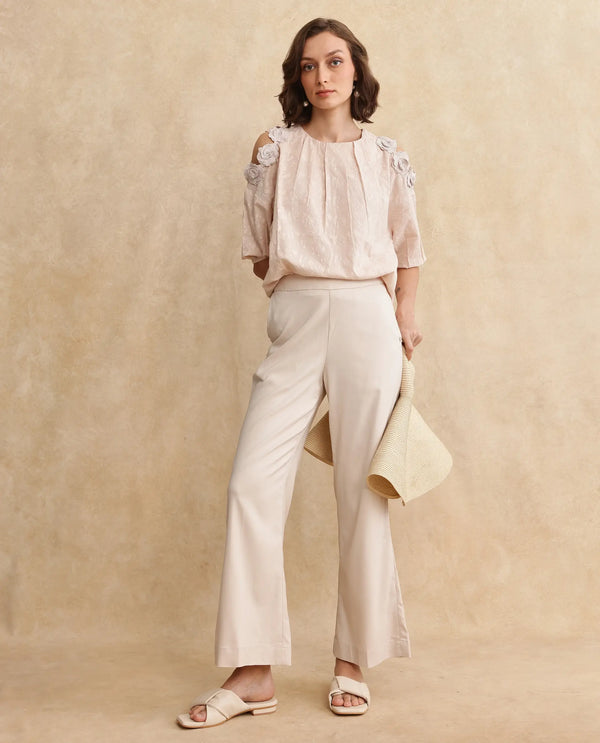 Rareism Women Gips Beige Balloon Sleeve Round Neck Hook Closure Relaxed Fit Plain Top