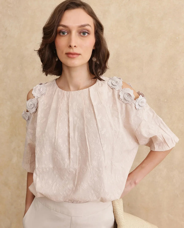 Rareism Women Gips Beige Balloon Sleeve Round Neck Hook Closure Relaxed Fit Plain Top