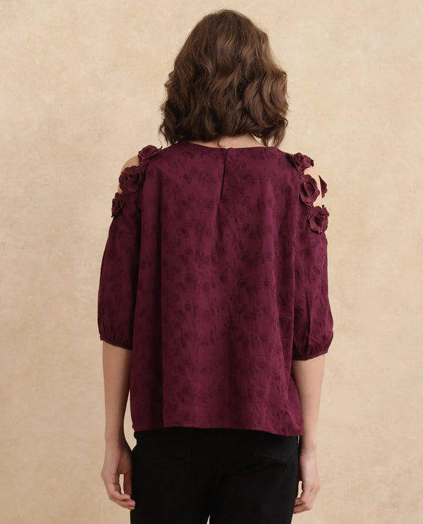 Rareism Women Gips Red Balloon Sleeve Round Neck Hook And Eye Closure Relaxed Fit Plain Top