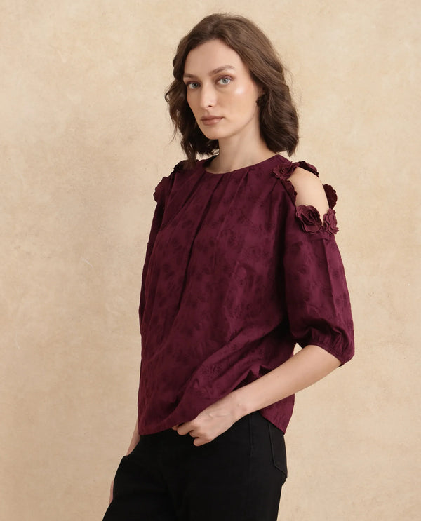 Rareism Women Gips Red Balloon Sleeve Round Neck Hook And Eye Closure Relaxed Fit Plain Top