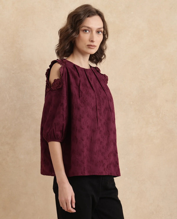 Rareism Women Gips Red Balloon Sleeve Round Neck Hook And Eye Closure Relaxed Fit Plain Top
