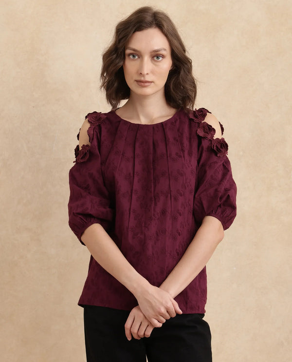 Rareism Women Gips Red Balloon Sleeve Round Neck Hook And Eye Closure Relaxed Fit Plain Top