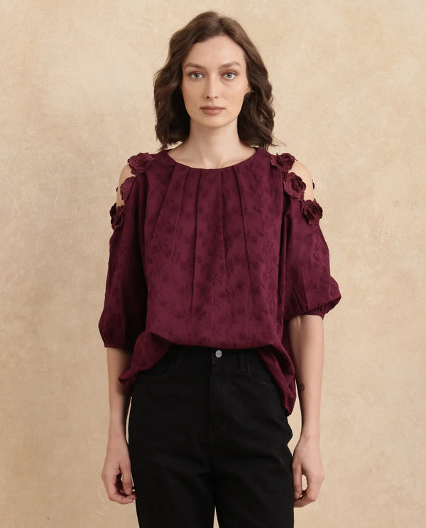 Rareism Women Gips Red Balloon Sleeve Round Neck Hook And Eye Closure Relaxed Fit Plain Top
