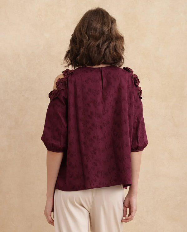 Rareism Women Gips Red Balloon Sleeve Round Neck Hook And Eye Closure Relaxed Fit Plain Top