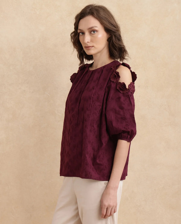 Rareism Women Gips Red Balloon Sleeve Round Neck Hook And Eye Closure Relaxed Fit Plain Top