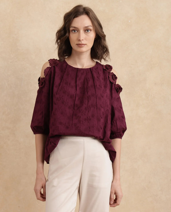Rareism Women Gips Red Balloon Sleeve Round Neck Hook And Eye Closure Relaxed Fit Plain Top
