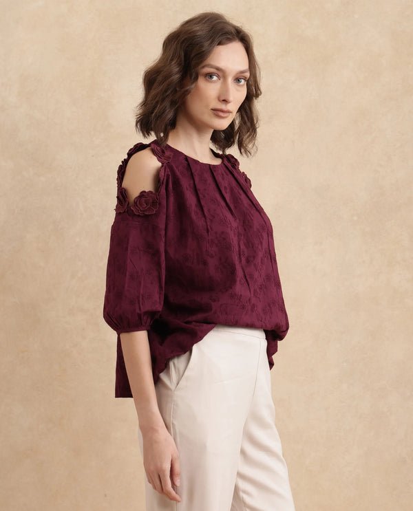 Rareism Women Gips Red Balloon Sleeve Round Neck Hook And Eye Closure Relaxed Fit Plain Top
