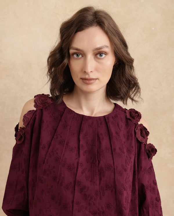 Rareism Women Gips Red Balloon Sleeve Round Neck Hook And Eye Closure Relaxed Fit Plain Top