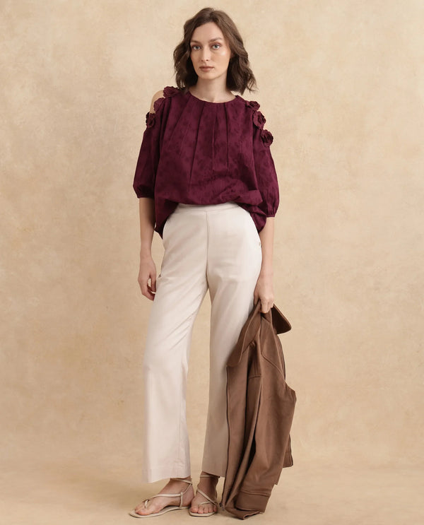 Rareism Women Gips Red Balloon Sleeve Round Neck Hook And Eye Closure Relaxed Fit Plain Top